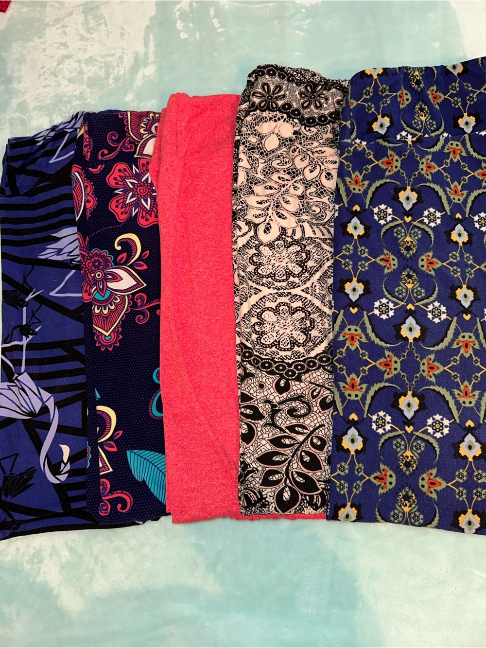 LuLaRoe Mixed Leggings in Coral, Navy, Black & Blue Patterns